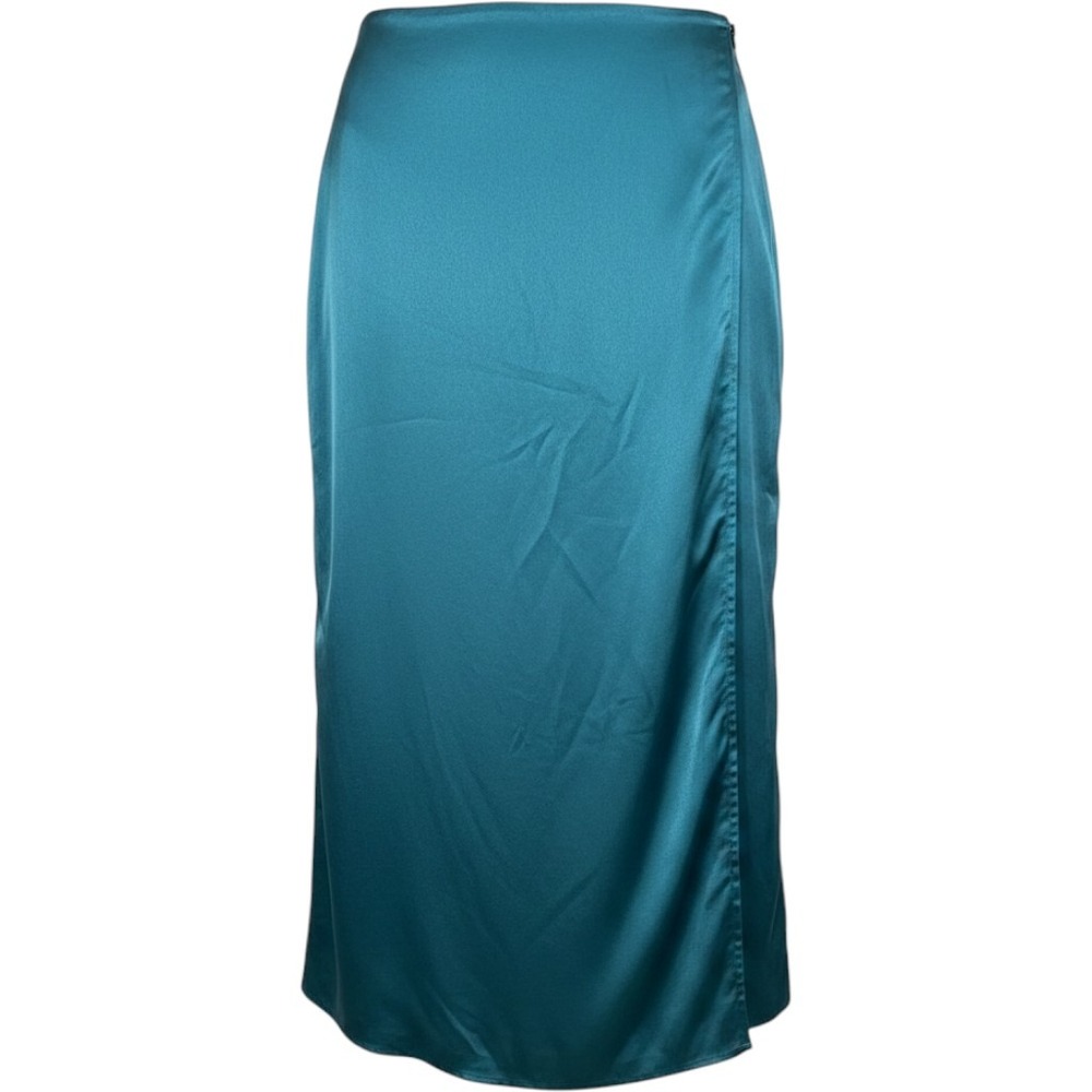 Anthropologie Teal Blue Viscose Wrap Front Midi Skirt Size 12 Pleated Draped